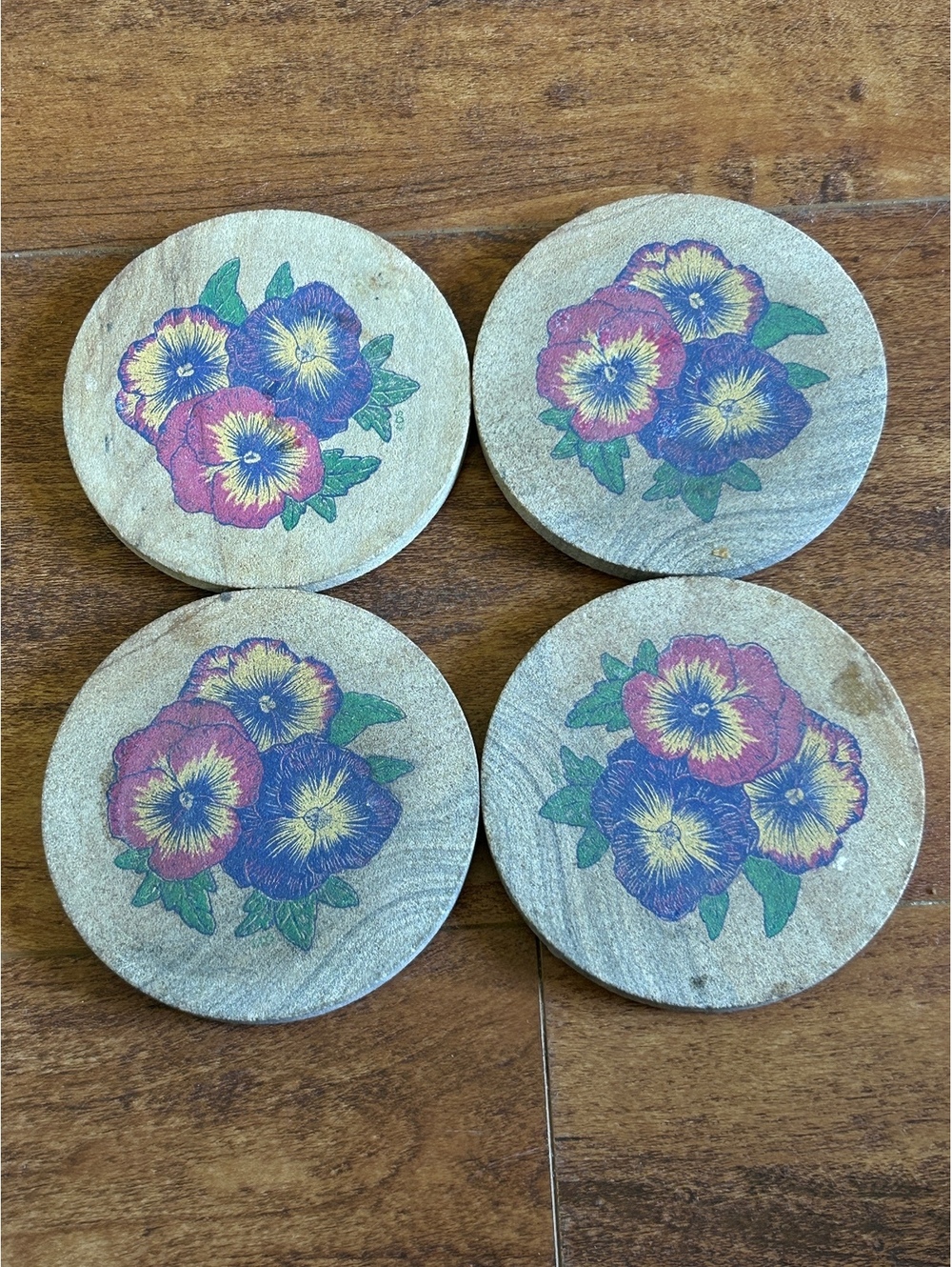 Set of 4 Vintage Wooden Floral Coasters